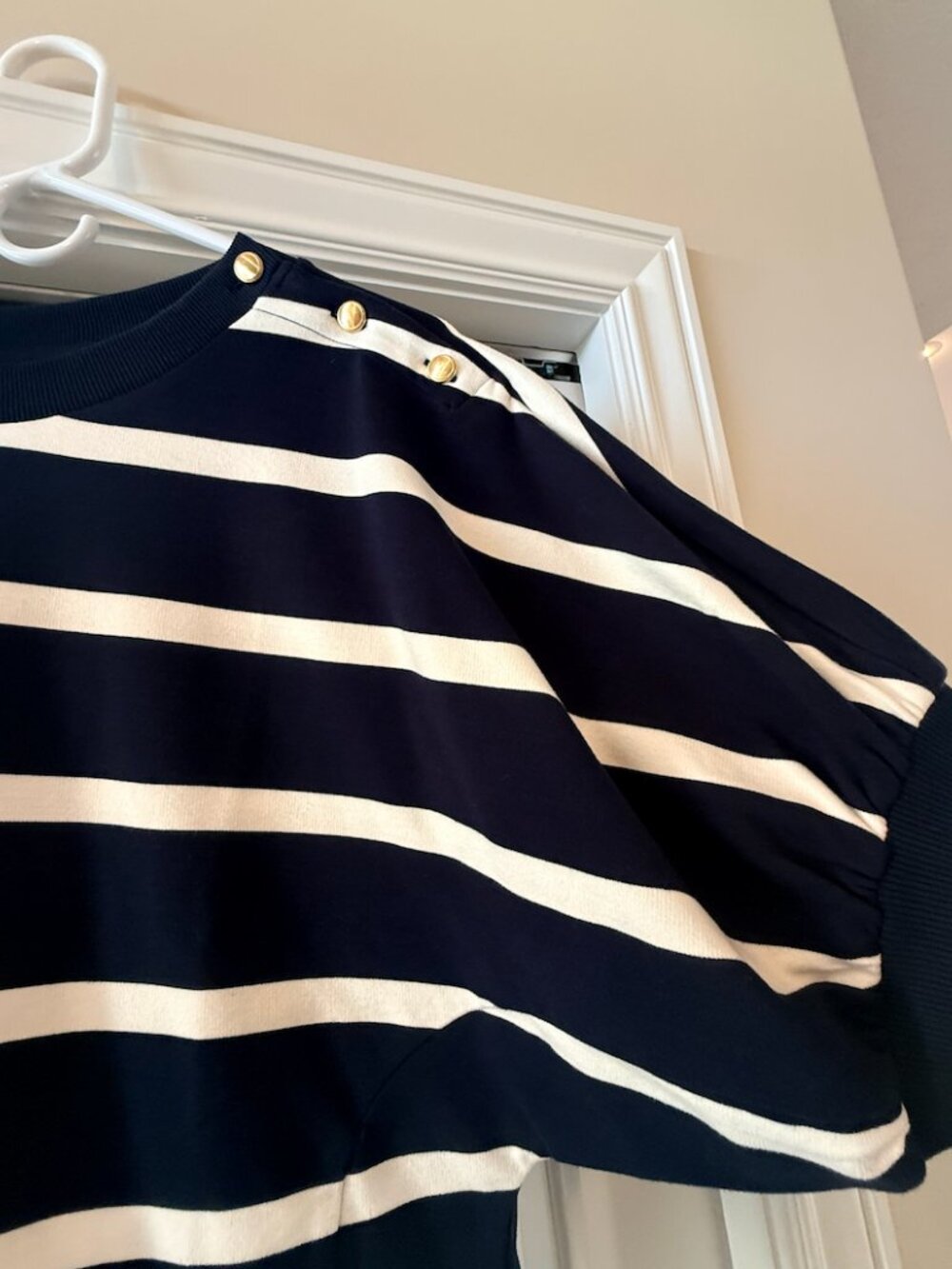 Ann Taylor Navy White Stripe Ponte Knit Top Elbow Sleeve Large - Picture 4 of 5